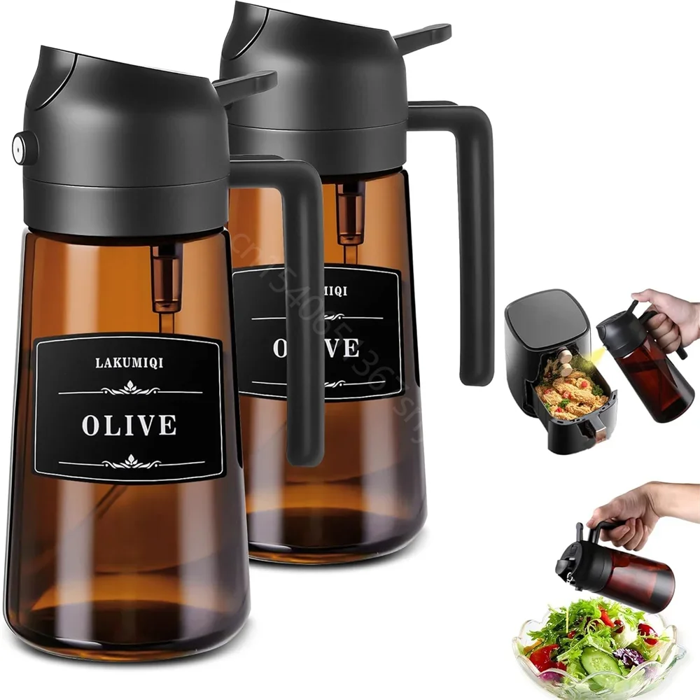 16oz/470ml 2-in-1 Brown Glass Oil Dispenser Sprayer Leakproof Olive Oil Sprayer Bottle for Cooking Air Fryer BBQ Baking Salad
