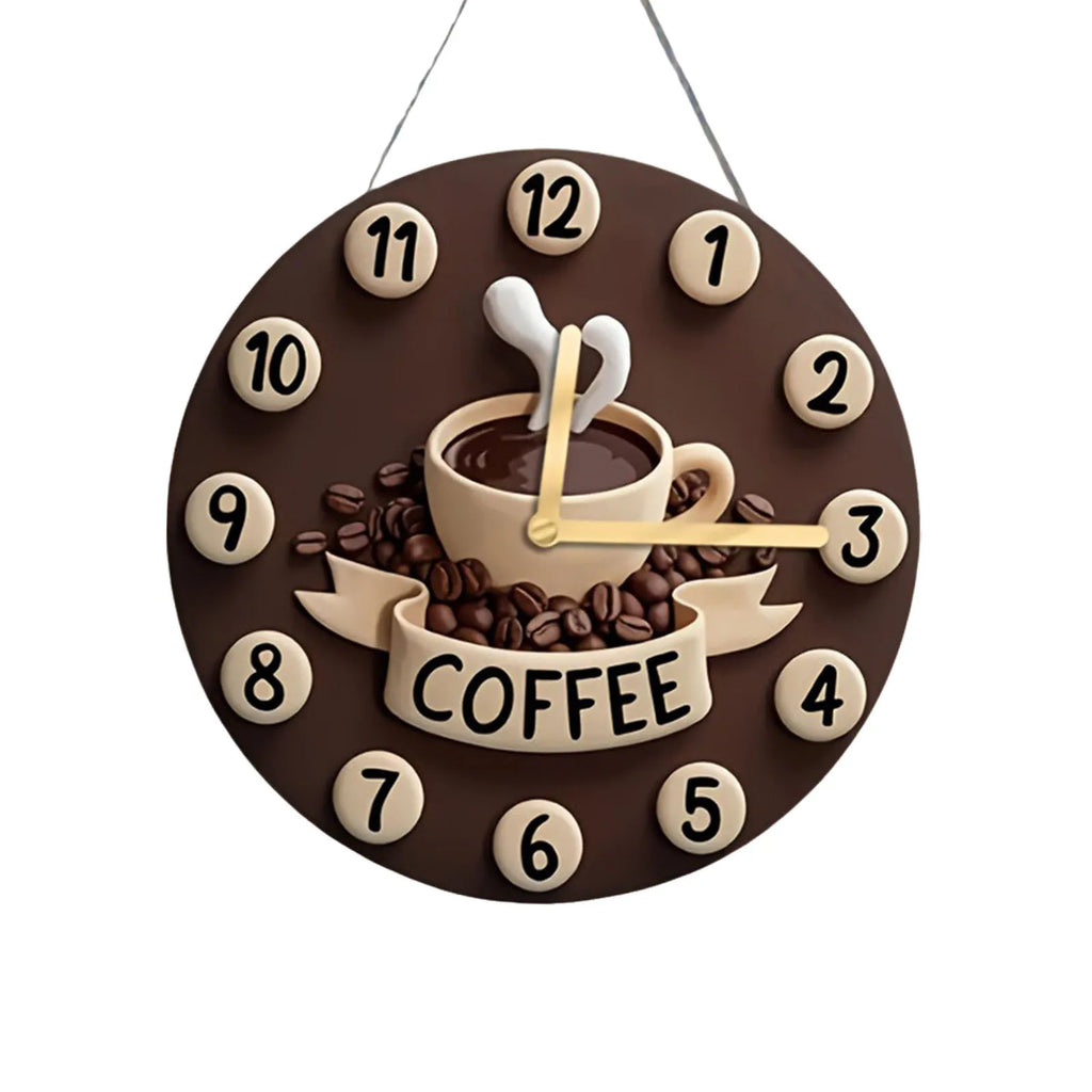 2D Coffee Cup Clock Fashion Simple Silent Hanging Ornament Wooden Wall Clock for Farmhouse Home Kitchen Home Cafe Decoration