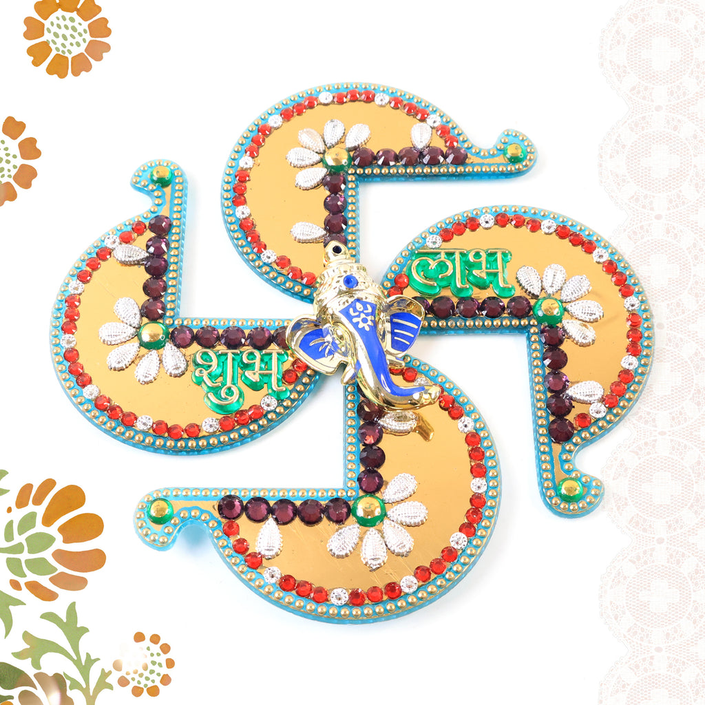 Golden Swastik Shubh Labh Wall Hanging With Ganesh Idol (1 Pc)