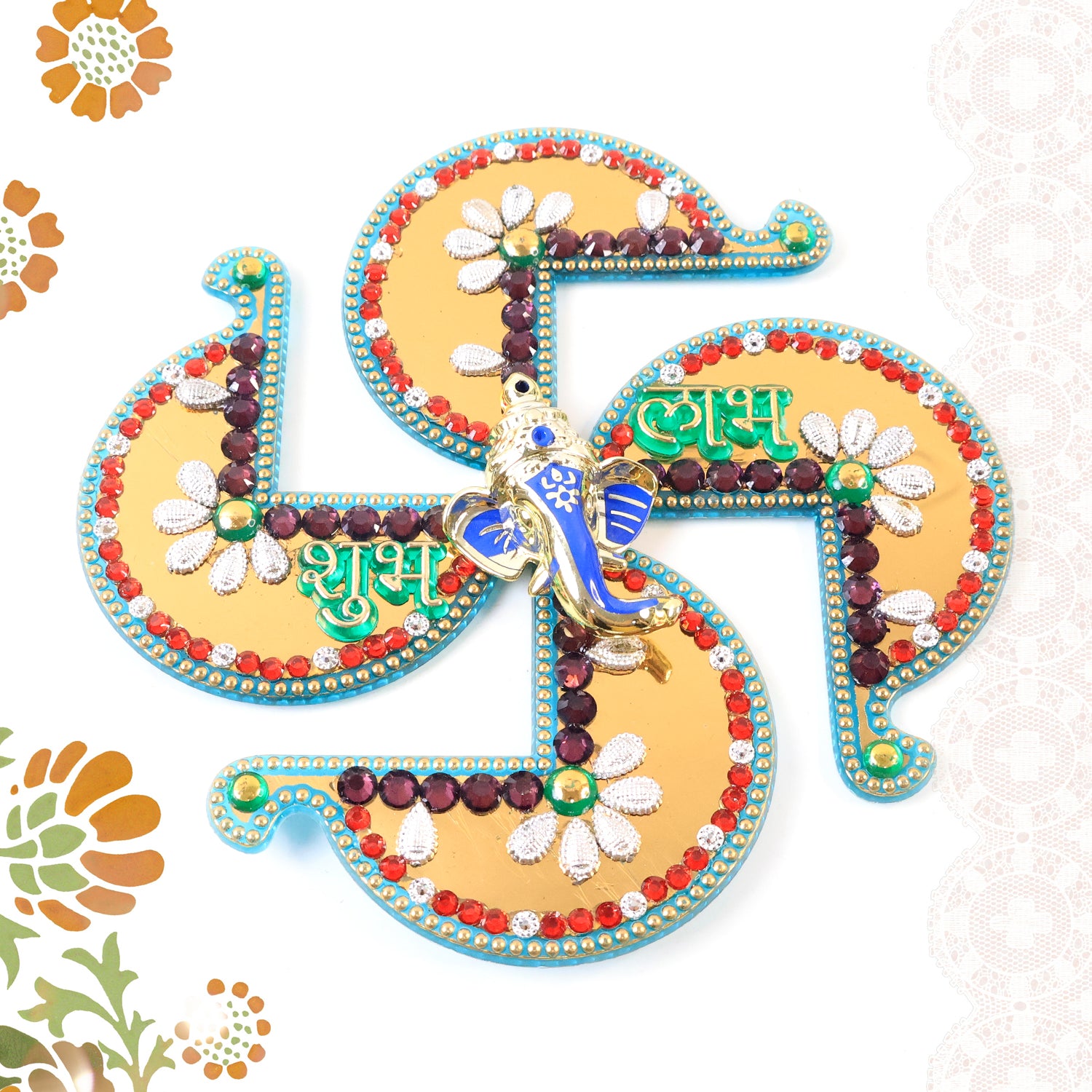 Golden Swastik Shubh Labh Wall Hanging With Ganesh Idol (1 Pc)